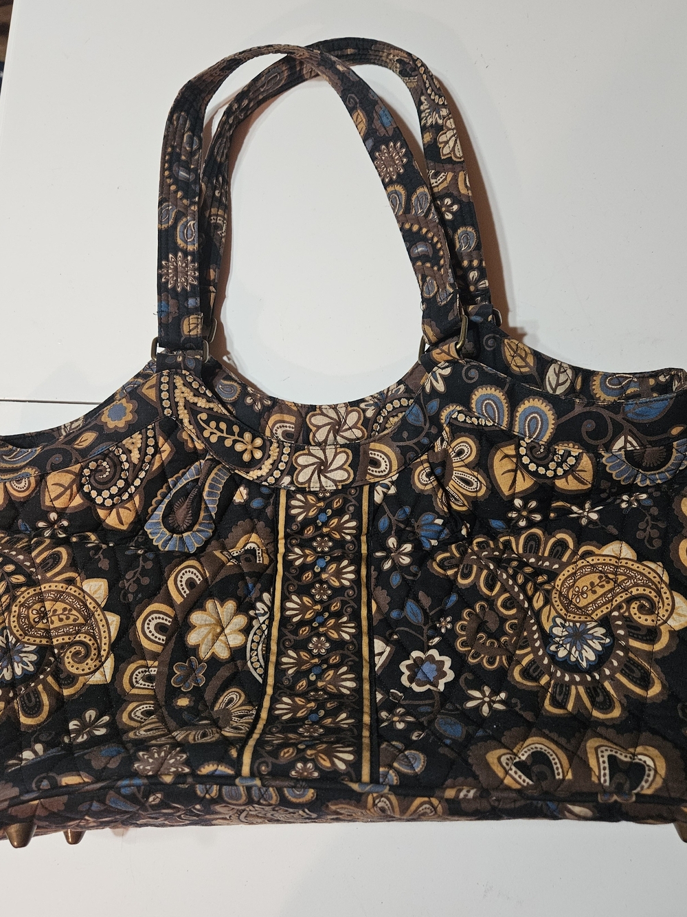 Bella Taylor Quilted Paisley Floral Tote in Brown and Blue